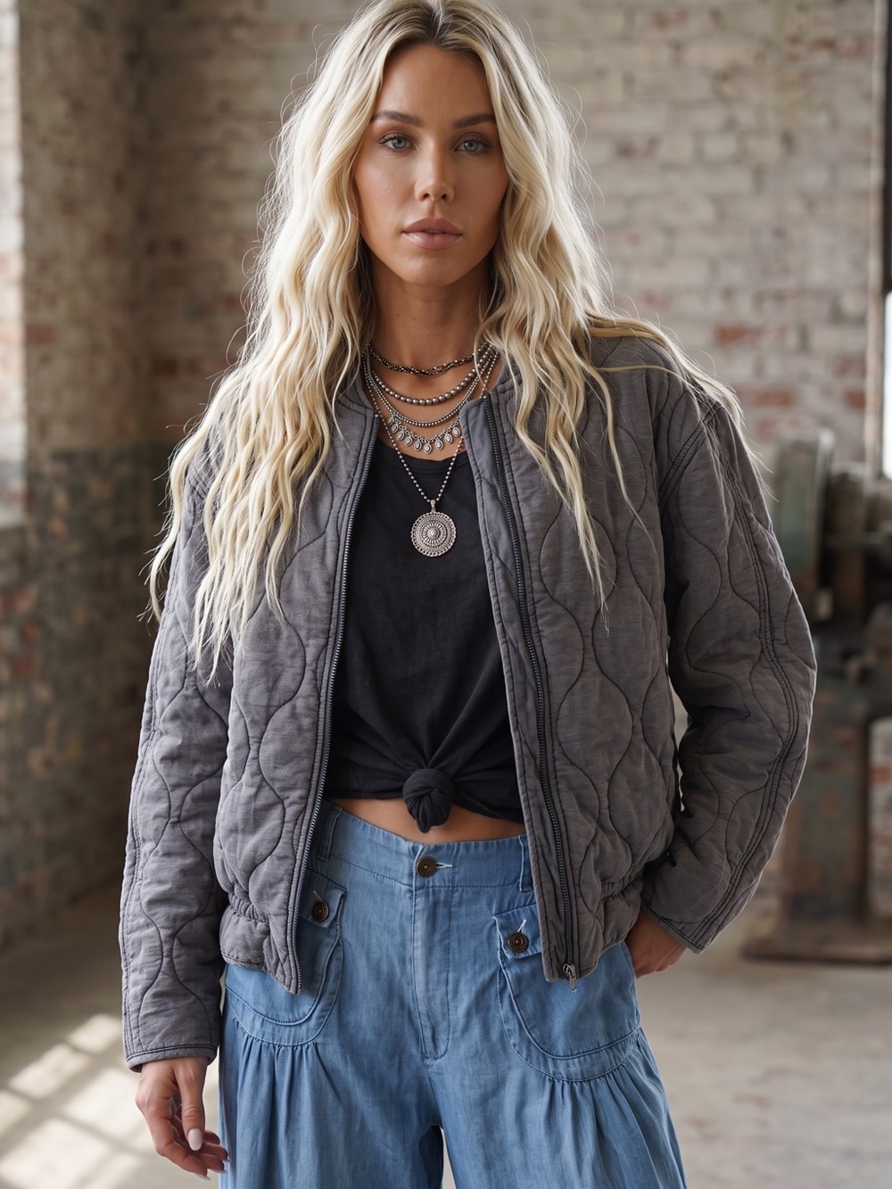 NWT Easel Boho Vintage Washed Denim Color Quilted Bomber Jacket - Picture 3 of 6